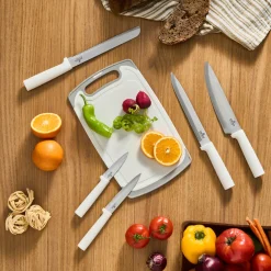 Sale Massimo 12-Piece Knife Block Set, Chopping Board and Kitchen Utensil Set, Cream Knife Sets