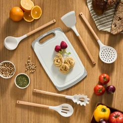 Sale Massimo 12-Piece Knife Block Set, Chopping Board and Kitchen Utensil Set, Cream Knife Sets