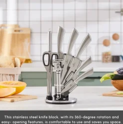 Hot Meister Bremen 9-Piece German Stainless Steel Knife Set with Stand, Silver Knife Sets