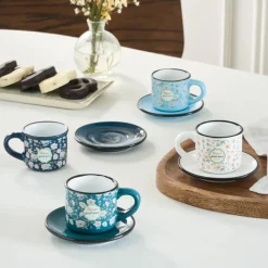 Hot Monet 8-Piece Stoneware Espresso Turkish Coffee Cup Set for 4 People, 60ml, Multi Espresso & Turkish Coffee Cup Sets
