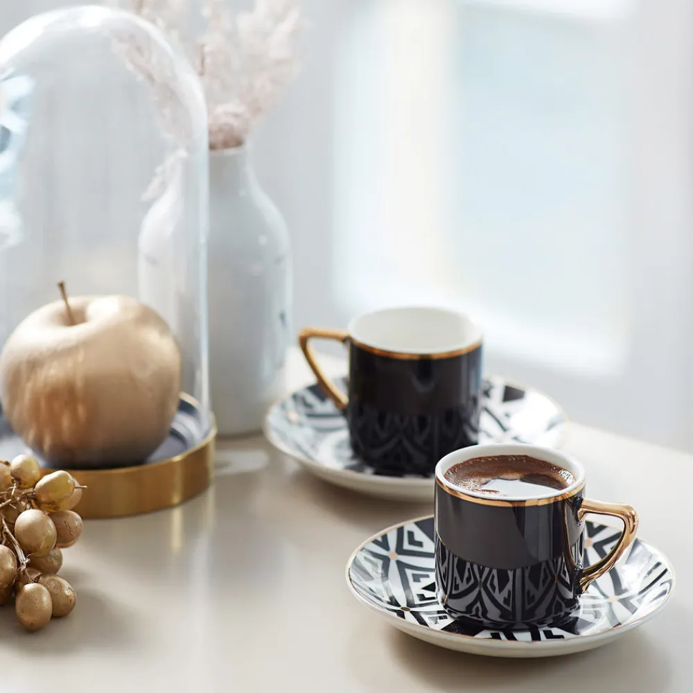 Outlet Monochrome 8 Piece Porcelain Espresso Turkish Coffee Cup Set for 4 People, 90ml, Black White Gold Espresso & Turkish Coffee Cup Sets