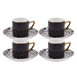 Outlet Monochrome 8 Piece Porcelain Espresso Turkish Coffee Cup Set for 4 People, 90ml, Black White Gold Espresso & Turkish Coffee Cup Sets