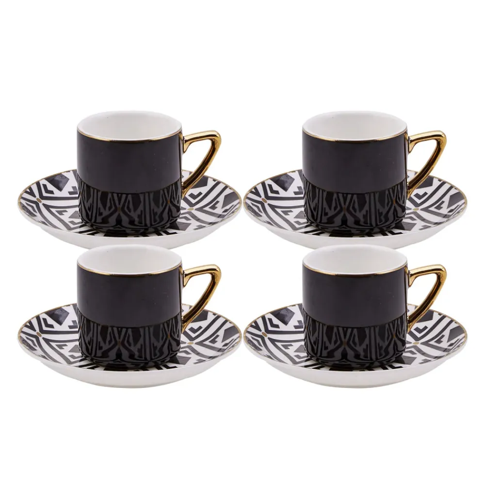Outlet Monochrome 8 Piece Porcelain Espresso Turkish Coffee Cup Set for 4 People, 90ml, Black White Gold Espresso & Turkish Coffee Cup Sets