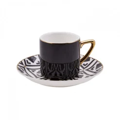 Outlet Monochrome 8 Piece Porcelain Espresso Turkish Coffee Cup Set for 4 People, 90ml, Black White Gold Espresso & Turkish Coffee Cup Sets
