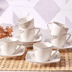 Best Nazende 12 Piece Porcelain Espresso Turkish Coffee Cup Set for 6 People, 80ml, White Platinum Espresso & Turkish Coffee Cup Sets