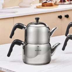 New Nero Stainless Steel Midi Size Teapot Set, Large, Silver Turkish Teapots