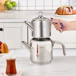 New Mani Stainless Steel Midi Size Teapot Set, Large, Silver Turkish Teapots