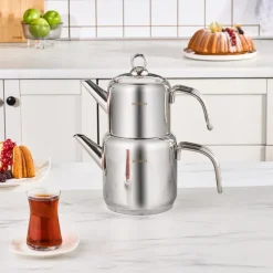 New Mani Stainless Steel Midi Size Teapot Set, Large, Silver Turkish Teapots