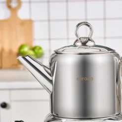 New Mani Stainless Steel Midi Size Teapot Set, Large, Silver Turkish Teapots