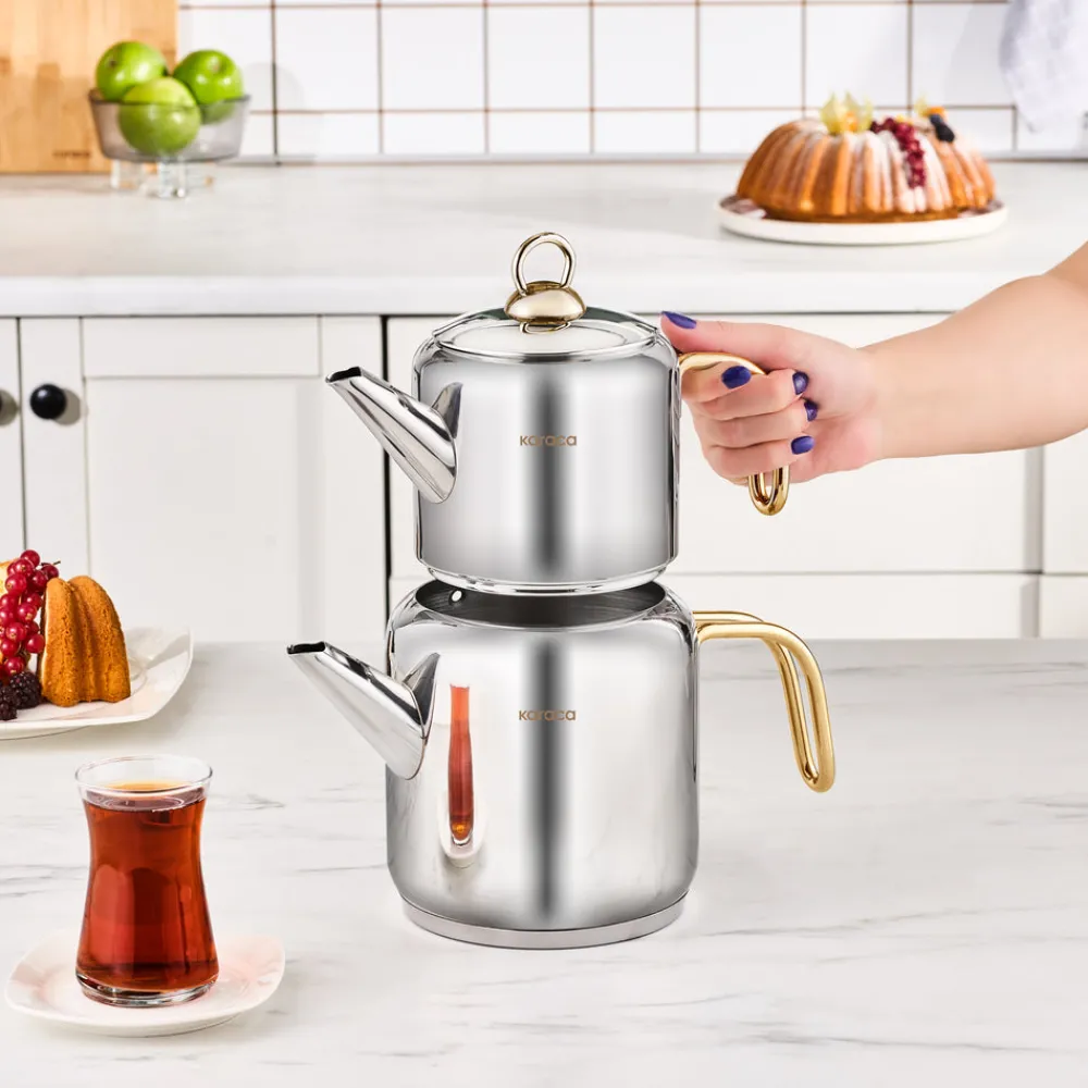 New Mira Midi Size Stainless Steel Teapot Set, Large, Turkish Teapots