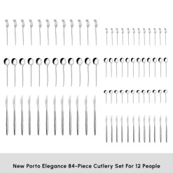 Discount New Porto Elegance 84-Piece Stainless Steel Cutlery Set for 12 People, Silver Cutlery Sets