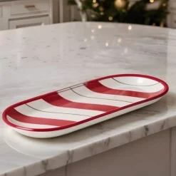 Hot New Year Christmas Candy Stripe Serving Plate, 28cm, Red Serving Platters