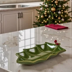 Outlet New Year Christmas Butcher's Broom Serving Platter, 22cm, Green Serving Platters