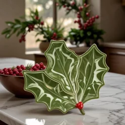 Discount New Year Christmas Butcher's Broom Serving Plate, 20cm, Green Serving Platters
