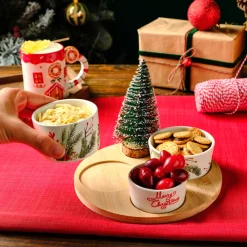 Clearance New Year Christmas 3-Piece Bamboo Santa Claus Snack Bowl, Multi Bowls