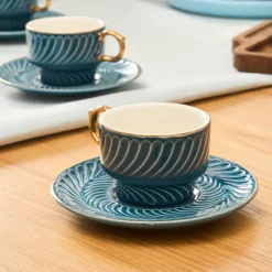 Discount Olympian 12-Piece Porcelain Turkish Coffee Cup Set for 6 People, 90ml, Blue Espresso & Turkish Coffee Cup Sets