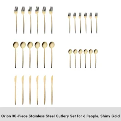 Clearance Orion 30-Piece Stainless Steel Cutlery Set for 6 People, Shiny Gold Cutlery Sets