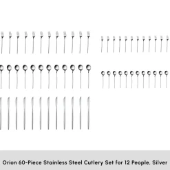 Orion Silver 60-Piece Stainless Steel Cutlery Set for 12 People, Silver Cutlery Sets