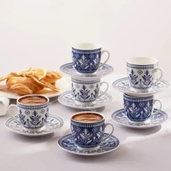 Discount Peyker 12-Piece Bone China Espresso Turkish Coffee Cup for 6 People, 85ml, Blue Espresso & Turkish Coffee Cup Sets