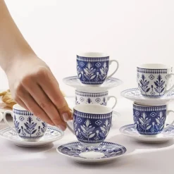 Discount Peyker 12-Piece Bone China Espresso Turkish Coffee Cup for 6 People, 85ml, Blue Espresso & Turkish Coffee Cup Sets