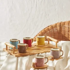 New 12-Piece Bone China Espresso Turkish Coffee Cup Set with Bamboo Tray for 6 People, 90ml, Gold Multi Espresso & Turkish Coffee Cup Sets