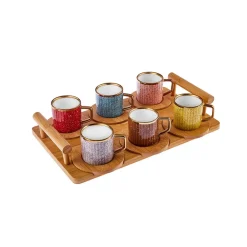 New 12-Piece Bone China Espresso Turkish Coffee Cup Set with Bamboo Tray for 6 People, 90ml, Gold Multi Espresso & Turkish Coffee Cup Sets