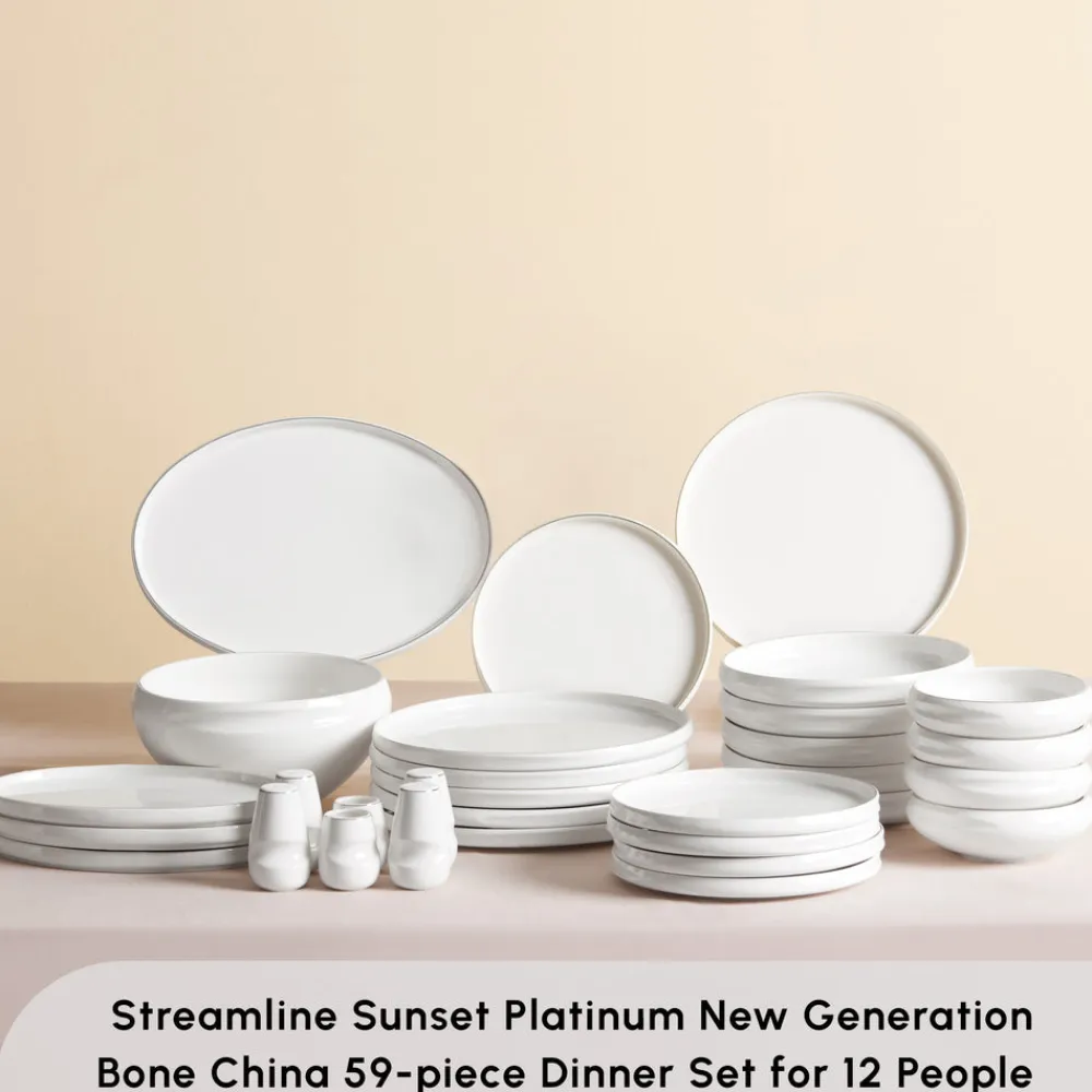 Red Carpet Collection Stream Bone China New Sunset 59-Piece Dinner Set for 12 People, Platinum White See All Dinner Sets|Bone China Dinner Sets