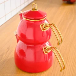 New Retro Enamel Induction Teapot Set, Red Turkish Coffee Pots|Turkish Teapots