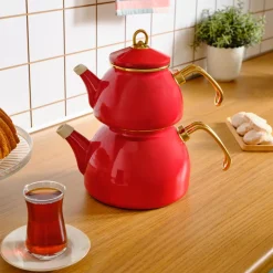 New Retro Enamel Induction Teapot Set, Red Turkish Coffee Pots|Turkish Teapots