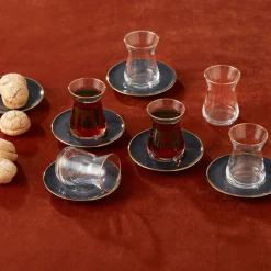 Best Retro 12-Piece Glass Turkish Tea Set for 6 People, 132ml, Anthracite Gold Turkish Tea Sets