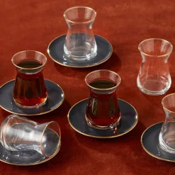 Best Retro 12-Piece Glass Turkish Tea Set for 6 People, 132ml, Anthracite Gold Turkish Tea Sets