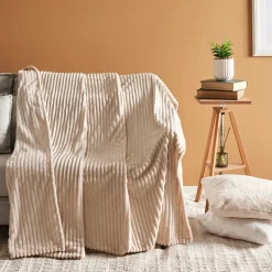 Discount Ruby Stripe Wellsoft TV Blanket, 130x150cm, Ecru Throws & Blankets