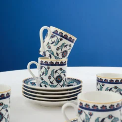 Hot Rumi 12-Piece Bone China Turkish Coffee Cup Set for 6 People, 80ml, Multi Espresso & Turkish Coffee Cup Sets