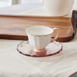 Clearance Samo 4-Piece Bone China Acrylic Plated Espresso Turkish Coffee Cup Set for 2 People, 90ml, Pink Multi Espresso & Turkish Coffee Cup Sets