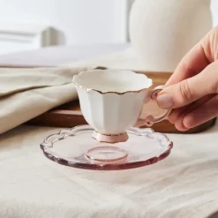 Clearance Samo 4-Piece Bone China Acrylic Plated Espresso Turkish Coffee Cup Set for 2 People, 90ml, Pink Multi Espresso & Turkish Coffee Cup Sets