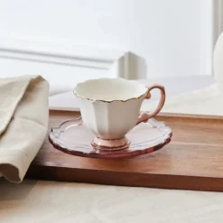 Clearance Samo 4-Piece Bone China Acrylic Plated Espresso Turkish Coffee Cup Set for 2 People, 90ml, Pink Multi Espresso & Turkish Coffee Cup Sets