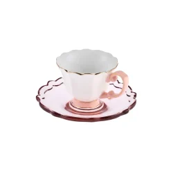Clearance Samo 4-Piece Bone China Acrylic Plated Espresso Turkish Coffee Cup Set for 2 People, 90ml, Pink Multi Espresso & Turkish Coffee Cup Sets