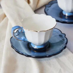 Outlet Samo 4-Piece Bone China Acrylic Plated Espresso Turkish Coffee Cup Set for 2 People, 90ml, Navy Blue Multi Espresso & Turkish Coffee Cup Sets