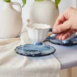 Outlet Samo 4-Piece Bone China Acrylic Plated Espresso Turkish Coffee Cup Set for 2 People, 90ml, Navy Blue Multi Espresso & Turkish Coffee Cup Sets