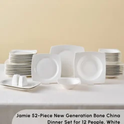 Clearance Square Bone China Jamie 52-Piece Dinner Set for 12 People, White See All Dinner Sets|Bone China Dinner Sets