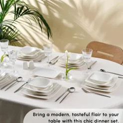 Clearance Square Bone China Jamie 52-Piece Dinner Set for 12 People, White See All Dinner Sets|Bone China Dinner Sets