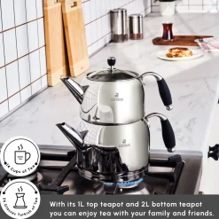 Outlet Stella Stainless Steel Teapot Set, XL, Silver Turkish Teapots