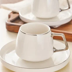 Outlet Streamline 12-Piece Porcelain Espresso Turkish Coffee Cup Set for 6 People, 100ml, White Silver Espresso & Turkish Coffee Cup Sets