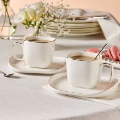 Hot Streamline Plato 4-Piece Tea Cup and Saucer Set for 2 People, 220ml, White Tea Set