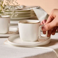 Hot Streamline Plato 4-Piece Tea Cup and Saucer Set for 2 People, 220ml, White Tea Set