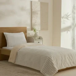 Discount Stripe Sherpa Blanket, 150x200cm, Single, White Throws & Blankets