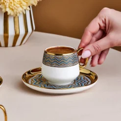 Clearance Suadiye 12-Piece Porcelain Espresso Turkish Coffee Cup for 6 People, 90ml, Blue Espresso & Turkish Coffee Cup Sets