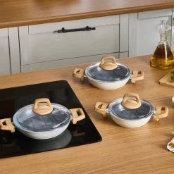 Discount Swiss Crystal 6 Piece Non-Stick Induction Shallow Cookware Set, Creamy Pan Sets|Ceramic Cookware