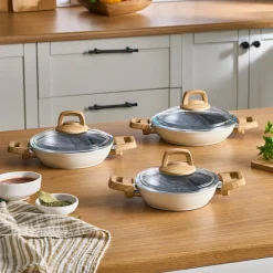 Discount Swiss Crystal 6 Piece Non-Stick Induction Shallow Cookware Set, Creamy Pan Sets|Ceramic Cookware