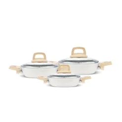 Discount Swiss Crystal 6 Piece Non-Stick Induction Shallow Cookware Set, Creamy Pan Sets|Ceramic Cookware